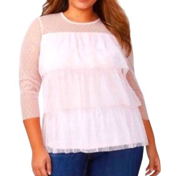 Lane Bryant Top Baby Pink Tiered Tulle Lace Sheer Flowy Long Sleeve Stretch 22 - Picture 1 of 11
